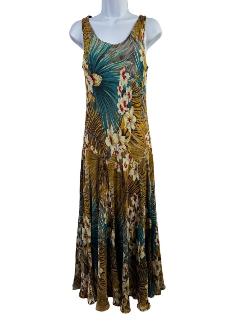 Jones New York Floral Sleeveless Maxi Dress 100% Silk Tropical Earthy 10 fairy